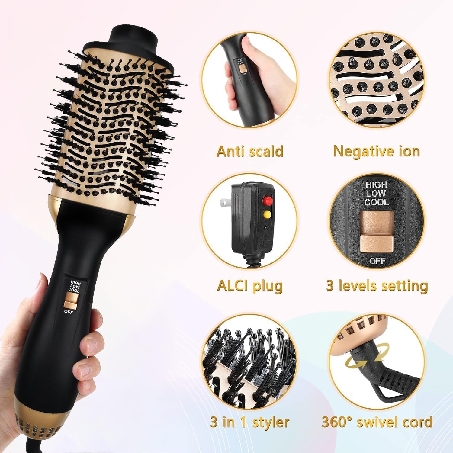 Hair Dryer and Blow Dryer Brush in One, 3 in 1 One Step Hair Dryer and Styler Volumizer with Negative Ion Anti-frizz Ceramic Titanium Barrel Hot Air Straightener Brush for Short or Long Hair