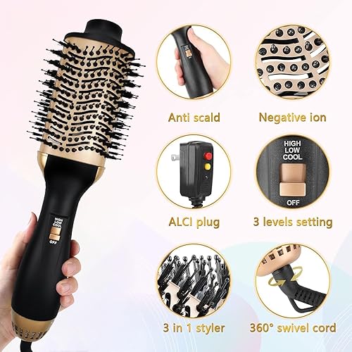 Miniatura 5 de Cepillo y estilizador de pelo de un solo paso, herramientas de peinado 3 en 1, secador de pelo iónico de titanio voluminizador con barril ovalado de
