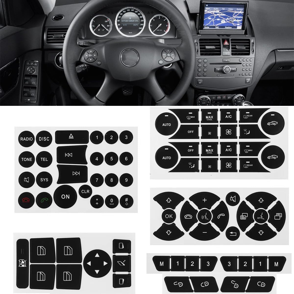 Car Button Stickers Interior Decals Compatible with 2008-2014 Mercedes Benz W204 C250 C350 E-Class Steering Wheel AC Window Radio Number Door & Air Conditioner Repair Sticker Kit