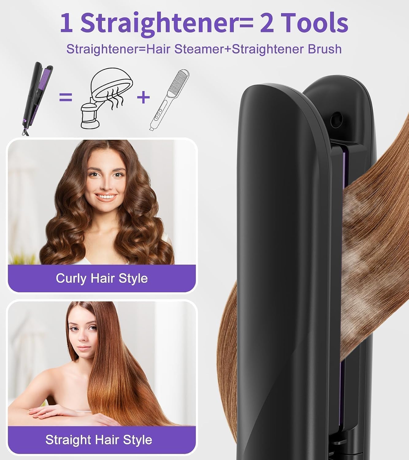 Steam Straighteners for Hair, Professional Salon Titanium Vapor Straightening Irons, High-end Salon Water Light Steam Flat Iron | 24 Hour Anti-frizz | Make Hair Smooth and Adds Shine（Purple）