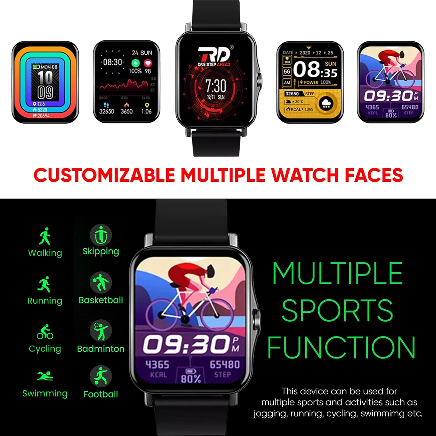 RD X-12 Smart Watch displaying multiple sports functions and customizable watch faces