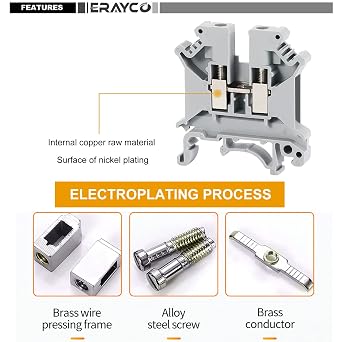 Erayco UK5N-BL DIN Rail Terminal Block, Screw Clamp, 600V 30A 30-10AWG, Pack of 100