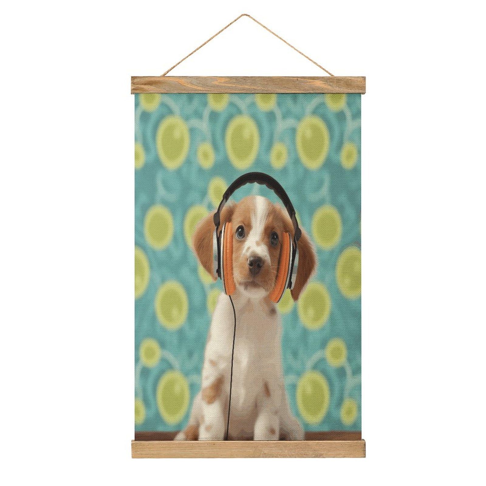 JTREHY Puppy with Headphones Linen Hanging Painting Vintage Poster Wall Art Prints Personality Style Wall Hanging Poster for Living Room Office Bedroom Decor Frame 13.2 X 20.47 Inch