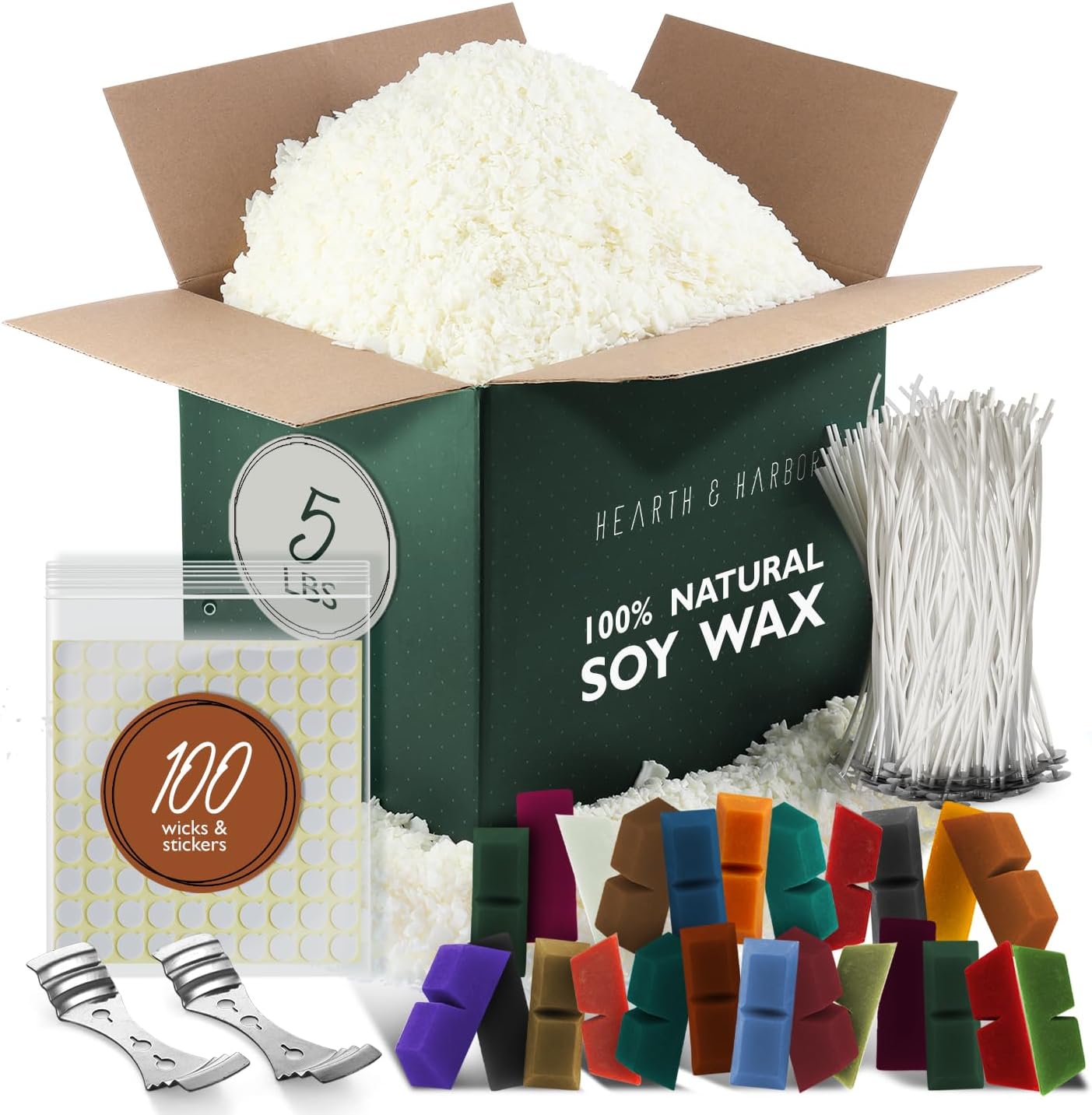 Hearth & Harbor Natural Soy Wax and DIY Candle Making Supplies - 5 Lbs Soy Candle Wax Flakes, 24 Candle Wax Dye Blocks, 100 Cotton Wicks, and 2 Metal Centering Device, Multicolored