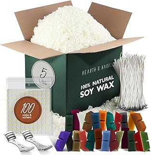 Hearth & Harbor Natural Soy Wax and DIY Candle Making Supplies - 5 Lbs Soy Candle Wax Flakes, 24 Candle Wax Dye Blocks, 100 Cotton Wicks, and 2 Metal Centering Device, Multicolored