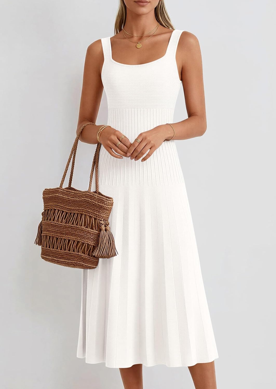 PRETTYGARDEN Spring Dresses for Women 2026 Summer Casual Sleeveless Square Neck A Line Knit Pleated Midi Cocktail Party Dress - Image 3