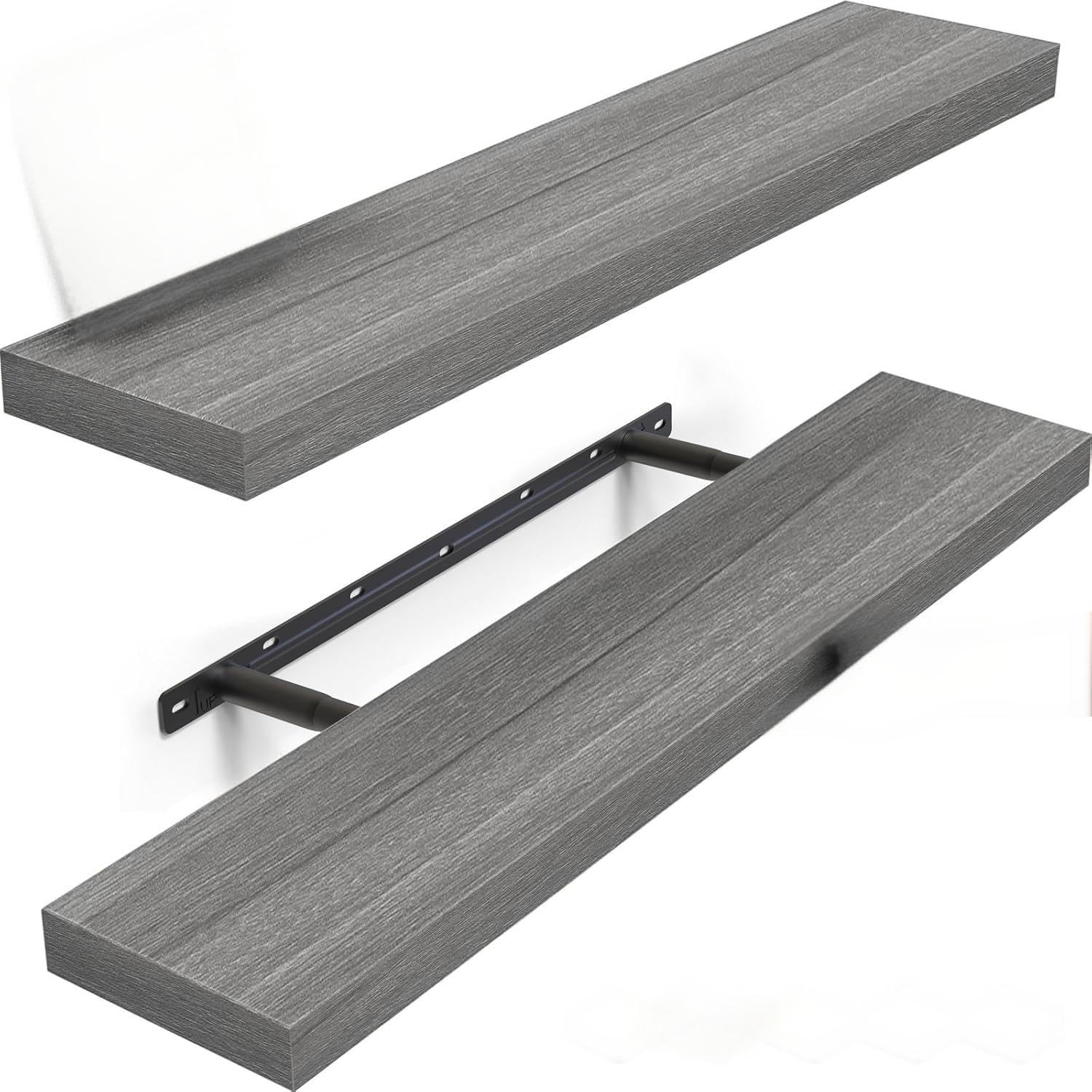 BAYKA Floating Shelves Black-Grey, Rustic Wood Wall Mounted Shelves for Bathroom, Bedroom, Living Room, Kitchen, Hanging Shelf for Storage Decor, 22.5 inches, Set of 2 E. Black-grey - Industrial Edge Style 2 22.5inches