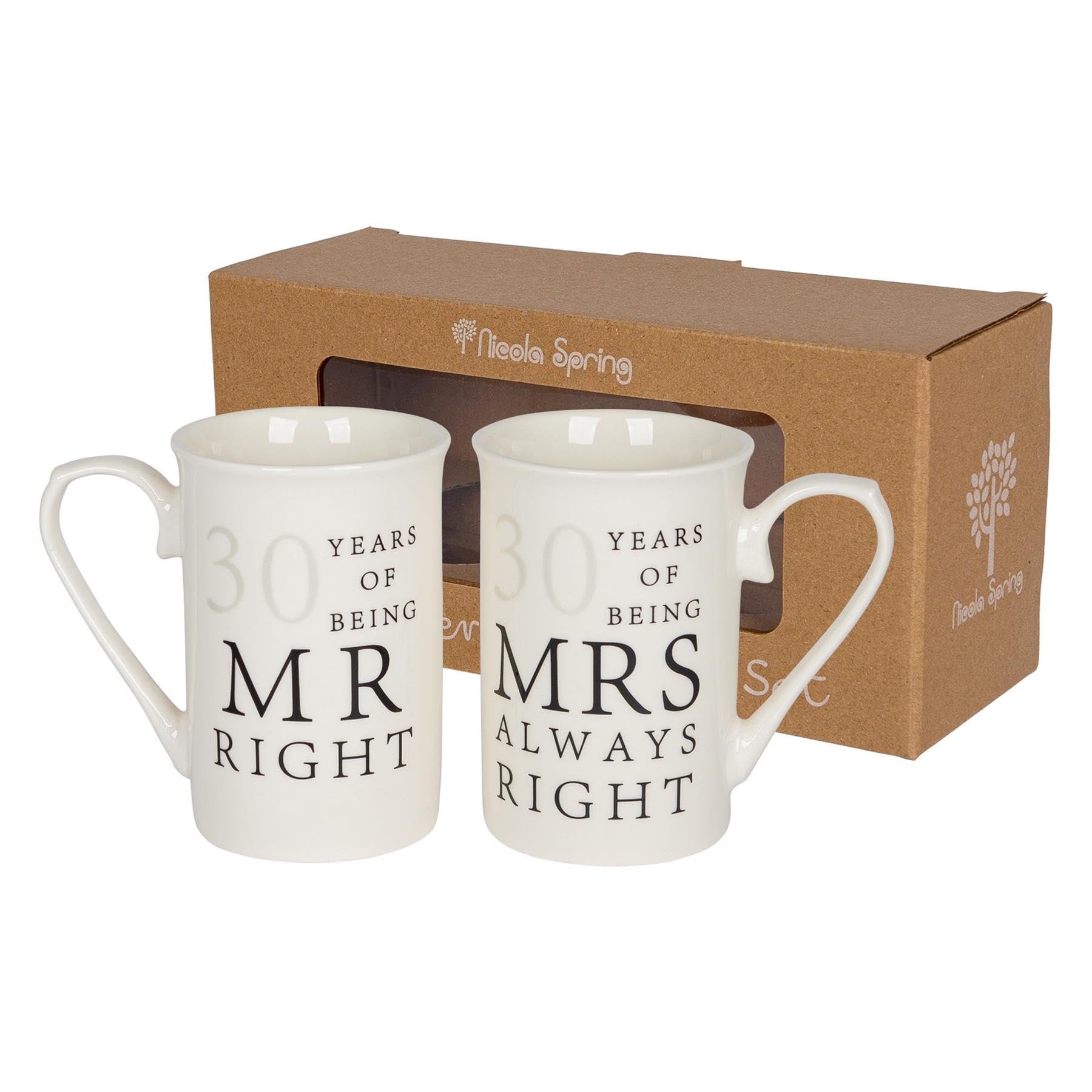 Nicola Spring 30th Anniversary Coffee Mug Set - 300ml Set of 2 New Bone China Coffee Teacup Drinking Mugs for Wedding, Milestone Celebration, His & Hers, Mr Right Mrs Always Right Couples Gift Box
