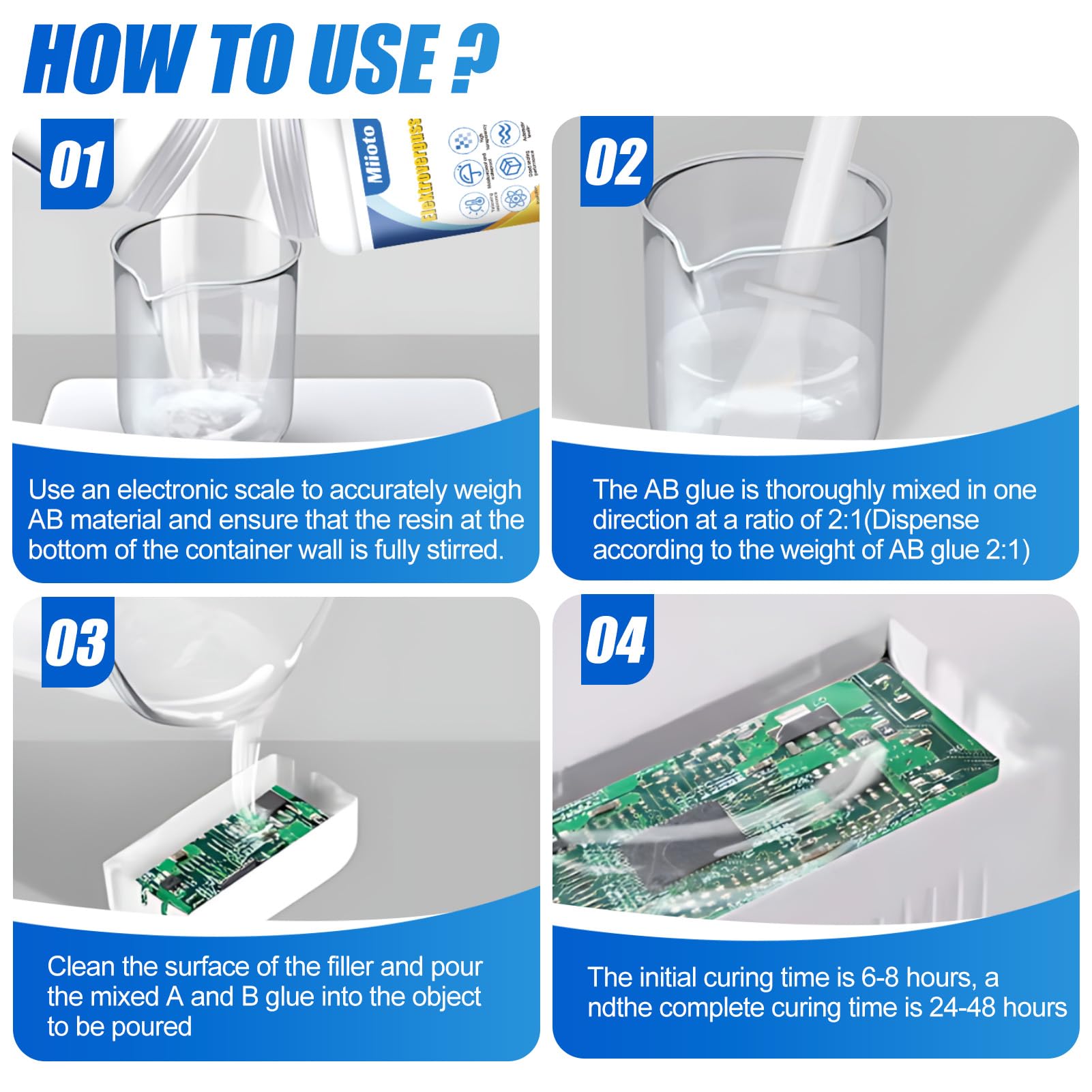 Miioto Gel Isolant Electrique, Gel Etancheite Electrique 300g A+B et Boite Derivation, Mastic de Scellement Électrique, Convient aux Platines, Manchons de Câble, Transparent, Isolant et Imperméable