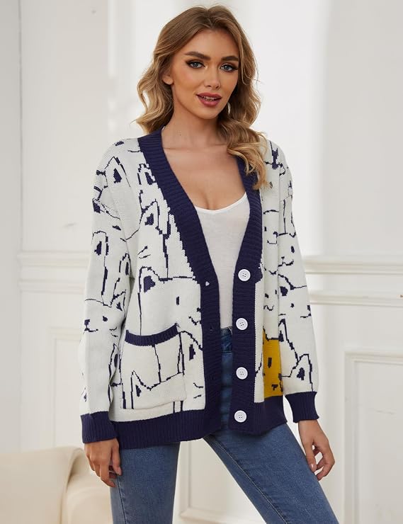 Arssm Cat Sweater for Women Oversized Cute Kawaii V Neck Cardigan
