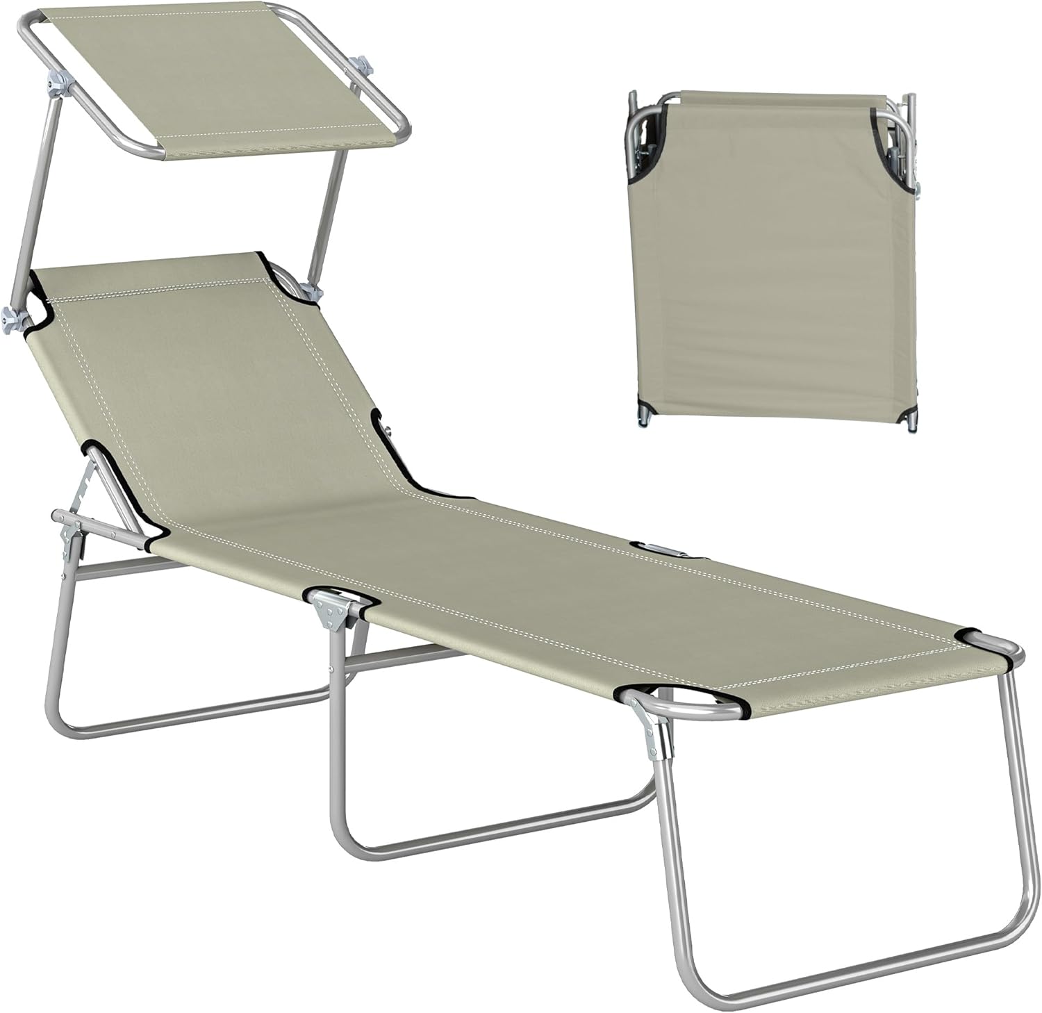 Outsunny Outdoor Lounge Chair, Adjustable Folding Chaise Lounge, Tanning Chair with Sun Shade for Beach, Camping, Hiking, Backyard, Cream White