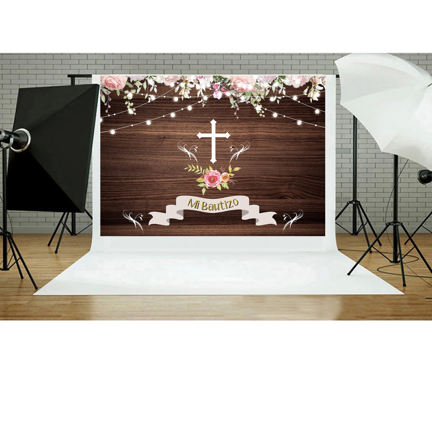 Tauf- & Erstkommunion-Hintergrund 2,1 X 1,5 M – Braun/rosa Design Mit Kreuz & Laternen, Aus Vinyl