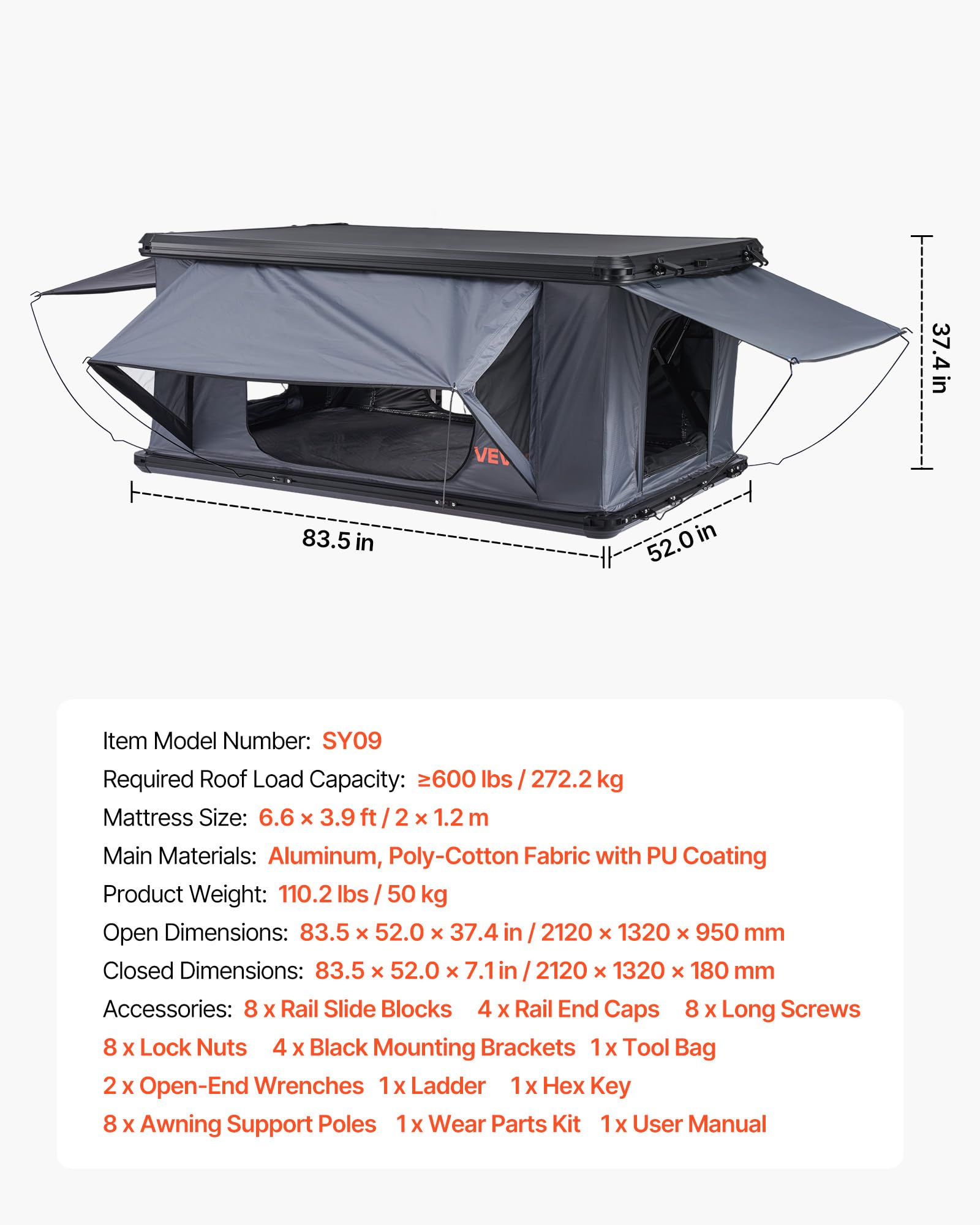 VEVOR Tente de Toit pour Voiture, Tente de Toit à Coque Rigide pour 2-3 Personnes, pour Camping Caravane SUV, en Alu, avec Éclairage LED Tricolore, Matelas Épais et 2 Fenêtres, Étanche et Coupe-Vent