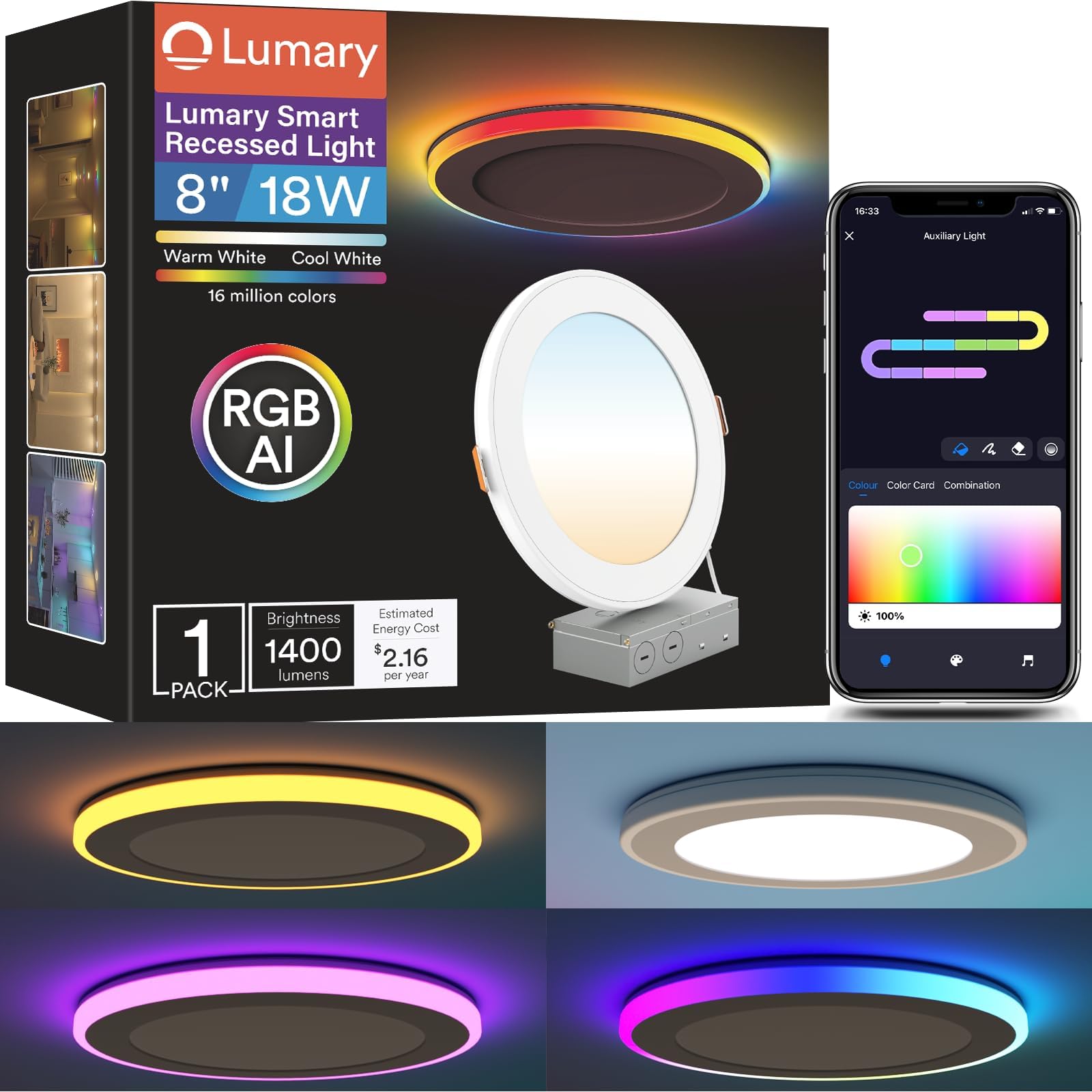 Lumary 8 Inch Smart Recessed Lights with RGBAI Gradient &amp; Night Ring, 18W