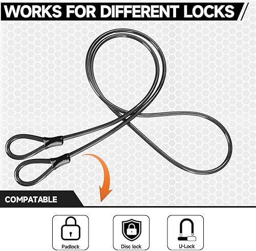 Miniatura 5 de Cable de bloqueo de bicicleta, cable de seguridad resistente de 0.394 in de grosor4 pies de largo, con bucles, recubierto de vinilo, resistente a