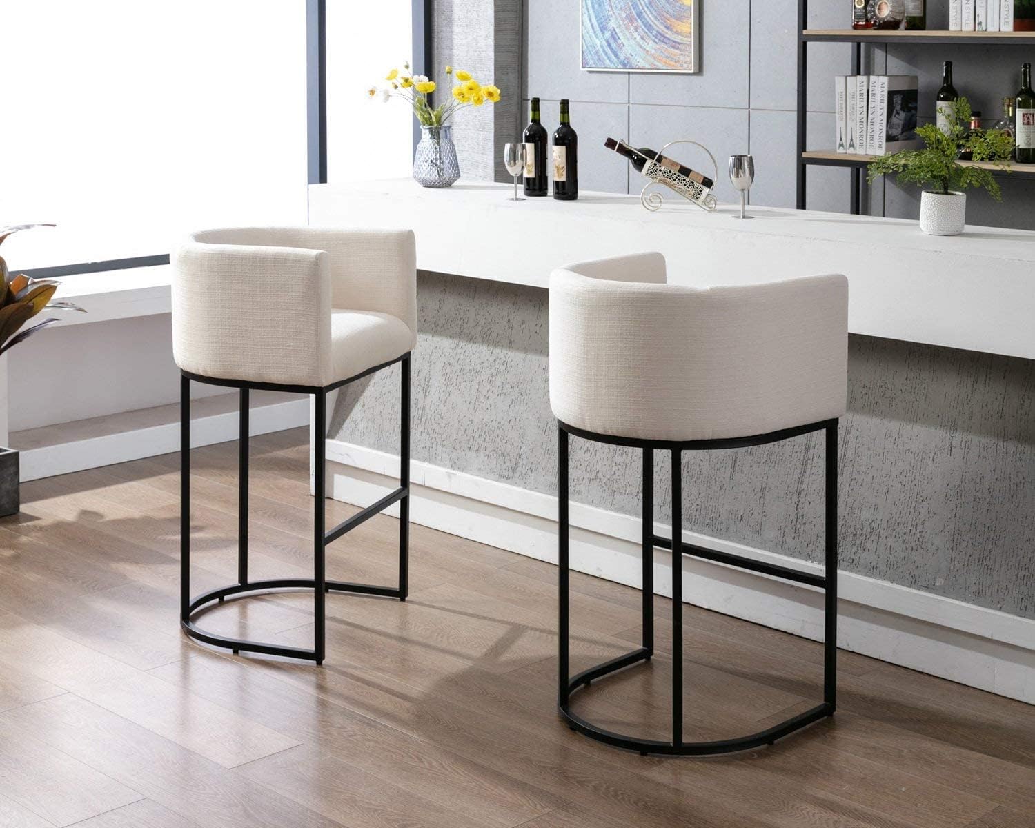 RIVOVA Contemporary Cream Linen Bar Stools Set of 2, 32" Upholstered Fabric Counter Height Barstool Kitchen Counter Island Stools with Black Metal Base