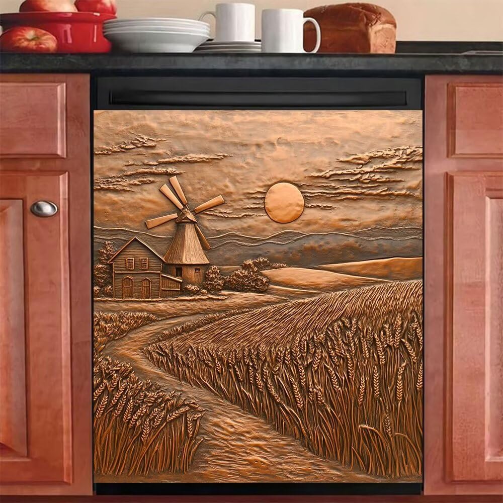 Copper Relief Farm Landscape Home Dishwasher Magnet Door Cover, Wheat Windmill Magnet Refrigerator Front Cover, 3D Pattern Kitchen Decorative Dishwasher Panel Decal 23" x 26" Magnetic
