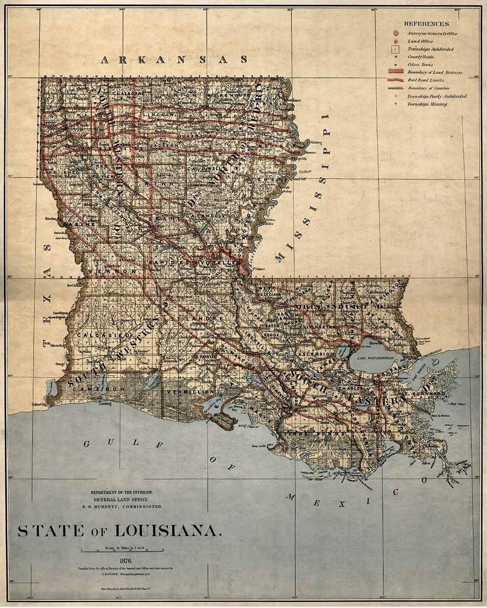 Vintage Louisiana State Map, Historical Wall Art Print, Department of Interior General Land Office Map from 1876, Antique Style Home Decor (24 x 32 inches)