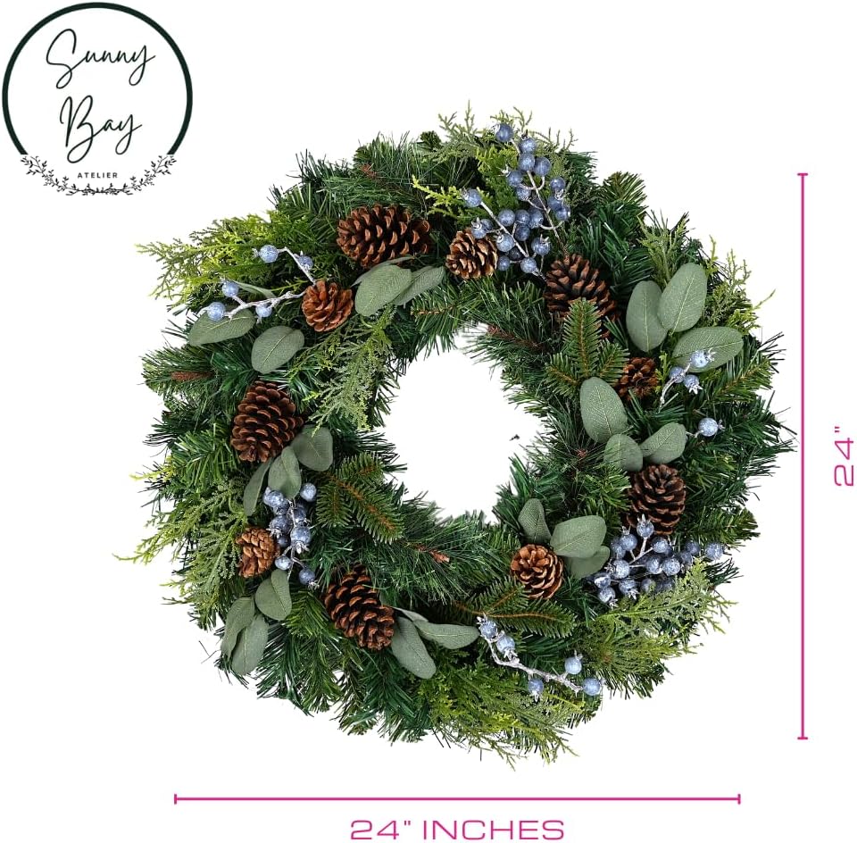 Prelit 24 Holiday Wreath – Lifelike Mixed Artificial Pine & Cedar with Blueberries and 50 Battery-Operated Color-Changing LED Lights, Steady, Twinkle Lights