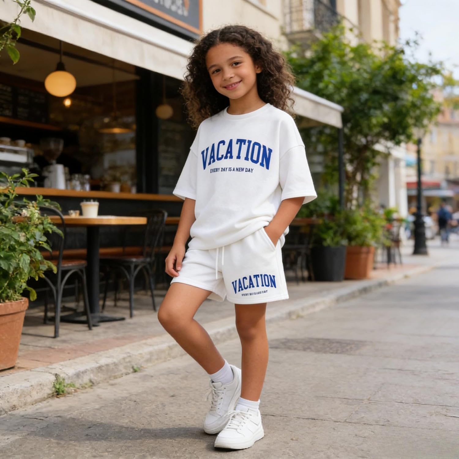 Size 6-12 Years Girl's Tracksuit Sets 2 Piece Outfits Letter Print Vacation Tee Top and Drawstring Waist Shorts - Image 3