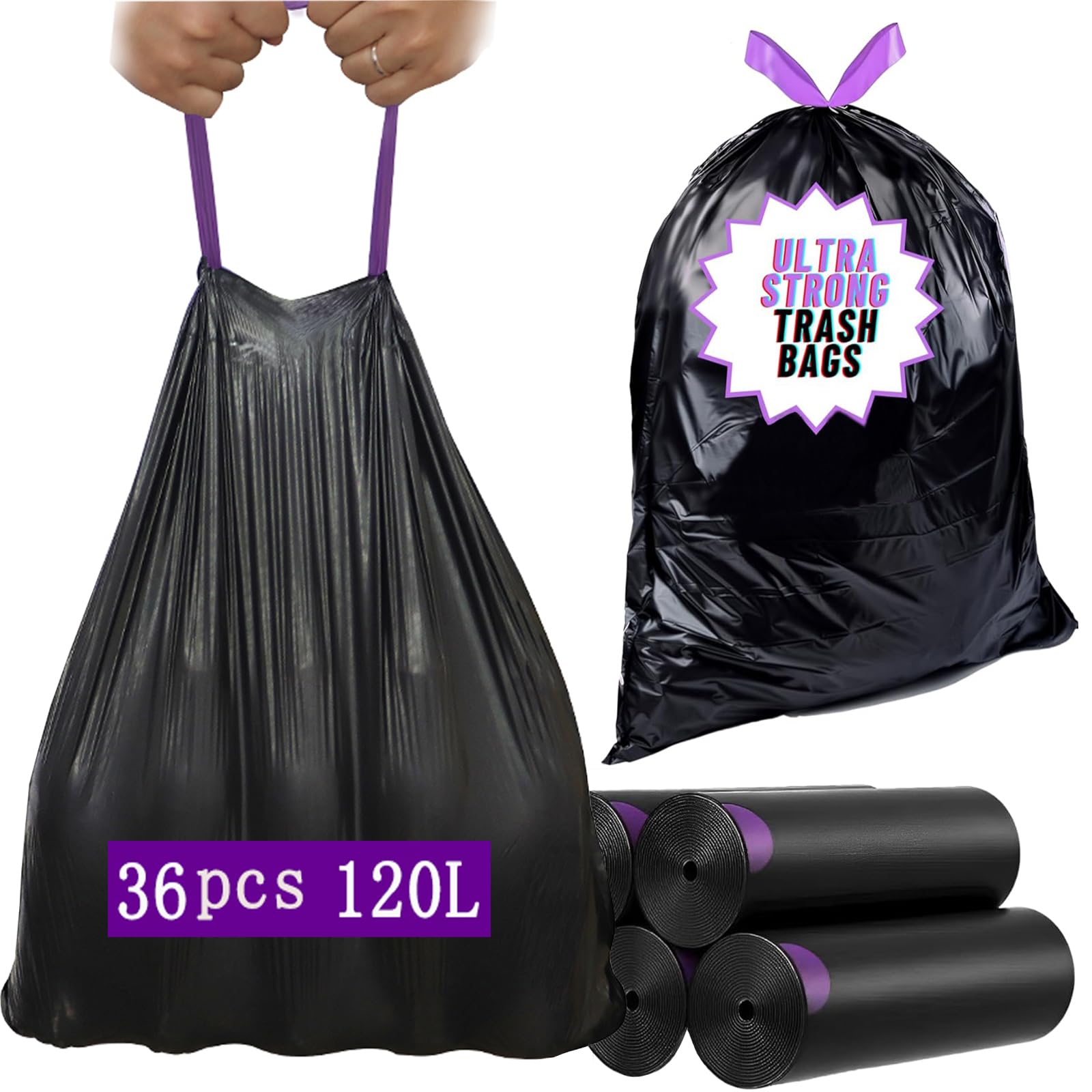 36 Bolsas Basura 120L,Bolsa Basura con cinta de autocierre,Bolsas de Basura 80 * 100CM,Bolsa de Basura para Residuos Domésticos para la oficina,Película: 30 μm-Negro