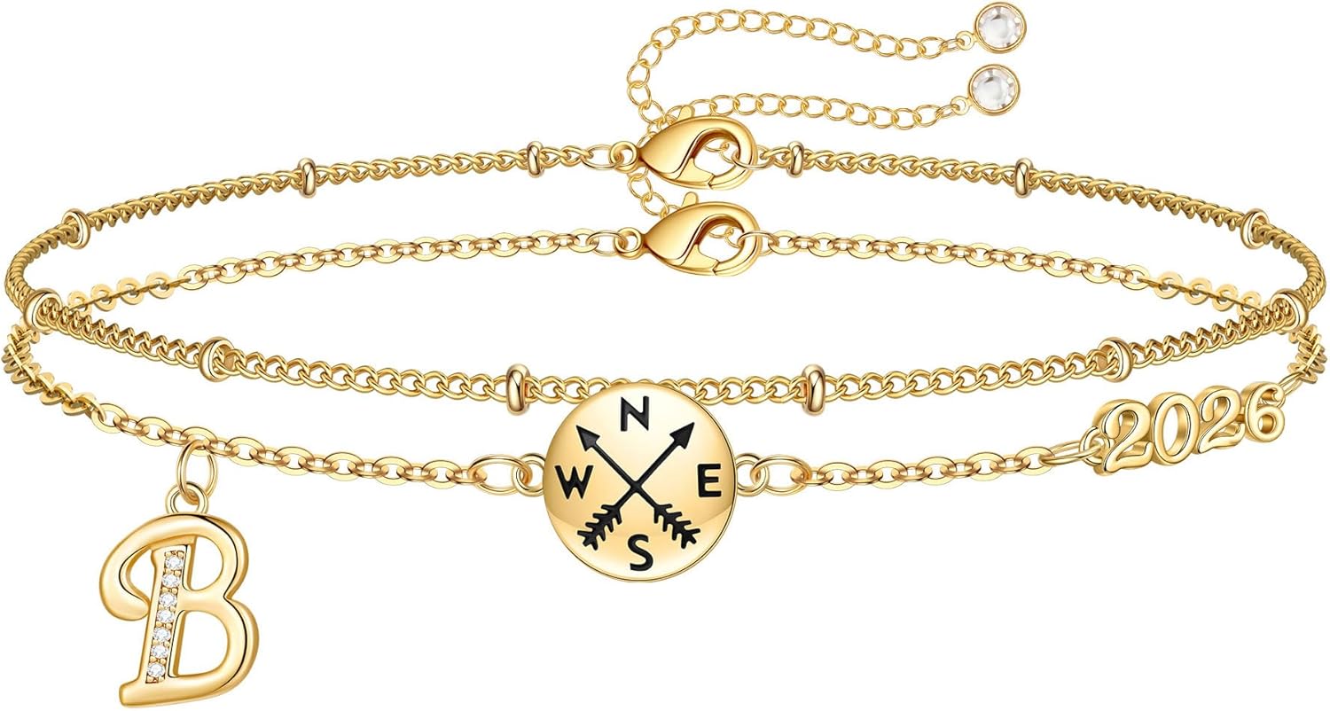 Hidepoo Graduation Gifts for Her Bracelet, 14K-Gold-Plated Initial Compass Bracelet Class of 2026 Graduation Bracelets for Women College Gifts for Her 2026