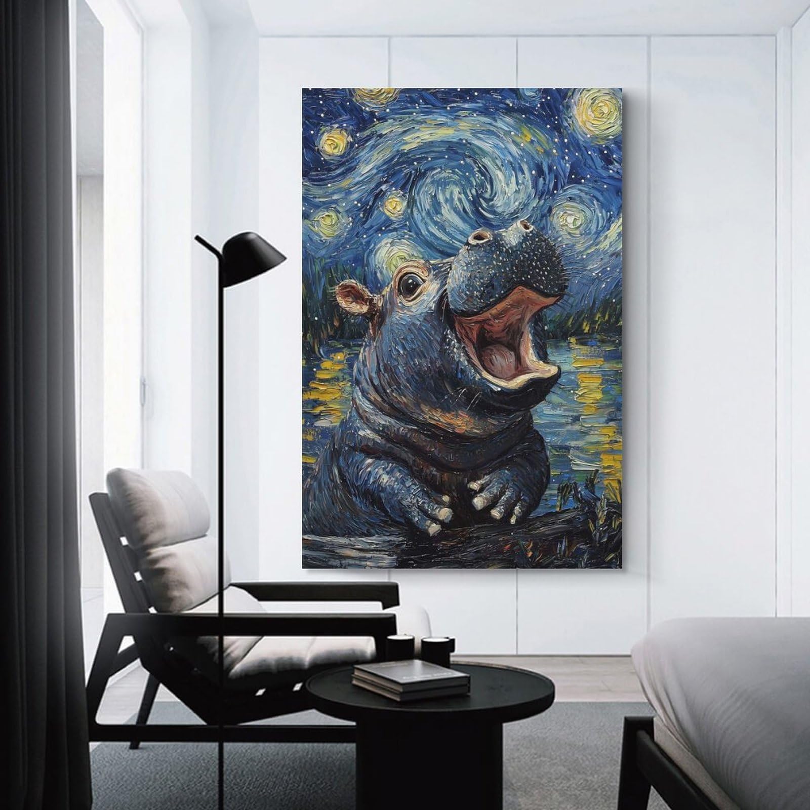 Junmoney Hippopotamus Starry Night Canvas Wall Decor, 16x24inch(40x60cm), for Office, Study Or Home Workspace, Wall Art That Adds Style to Work Areas