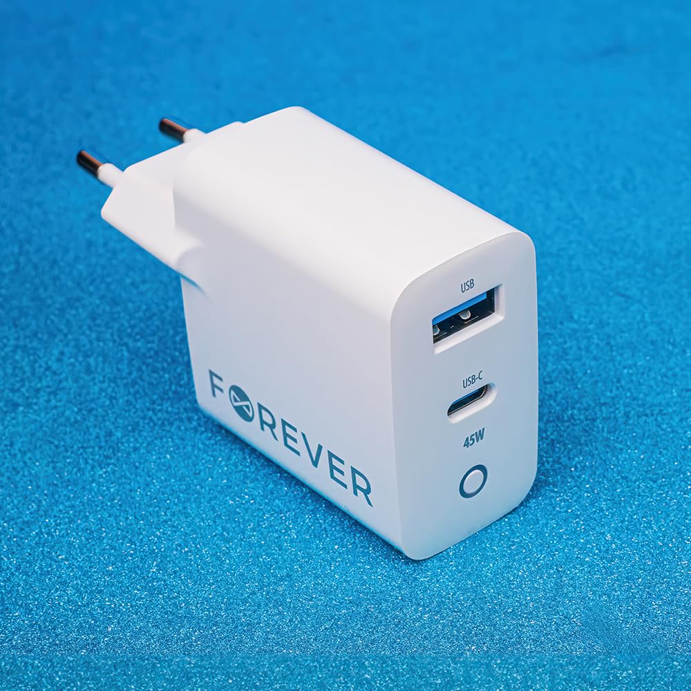 Forever Caricatore rapido GaN PD QC 1 X USB, 1 X USB-C 45 W per tutti i telefoni cellulari iPhone Xiaomi Huawei Motorola Samsung 3A alta qualità, smartphone, sigaretta elettrica, smartwatch, iPad