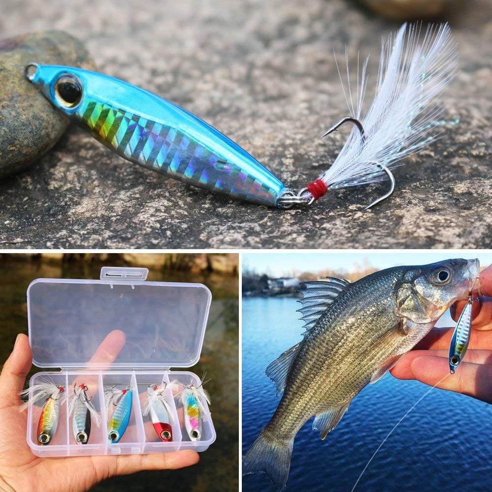 Sougayilang Jigs Fishing Lures Sinking Metal Spoons Micro Jigging Bait with Treble Hook for Saltwater Freshwater Fishing-A-2.56in/1.16oz-5PCS with Box : Sports & Outdoors