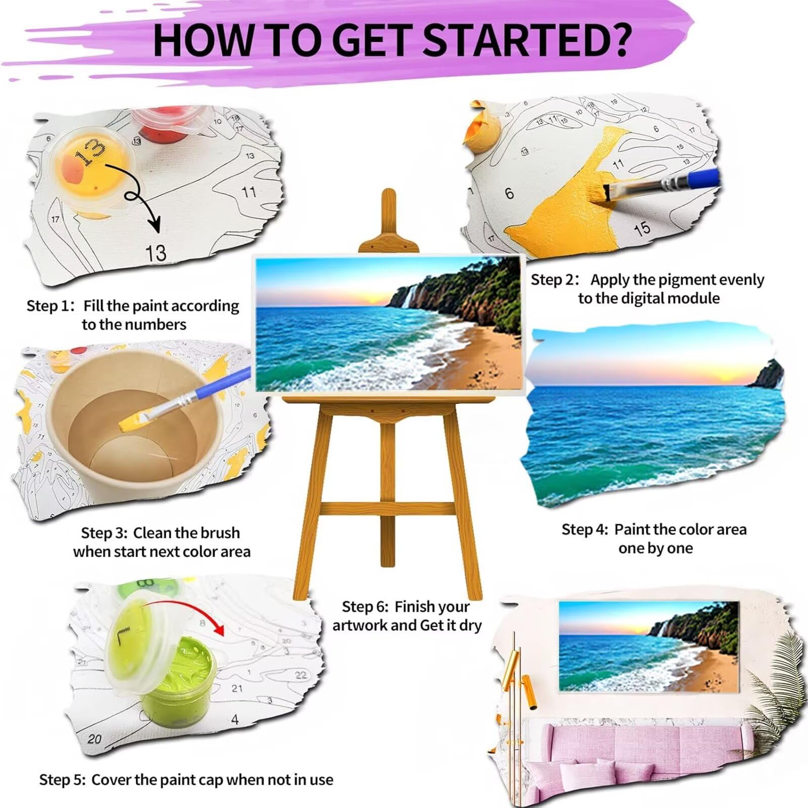 Malen nach Zahlen Kinder Meer Malen Nach Zahlen Erwachsene, Geschenke für Mädchen Junge Bastelset Set, Malen nach Zahlen Strand | Malen nach Zahlen Ohne Rahmen, (60x120cm) Bastelset Erwachsene 1-R