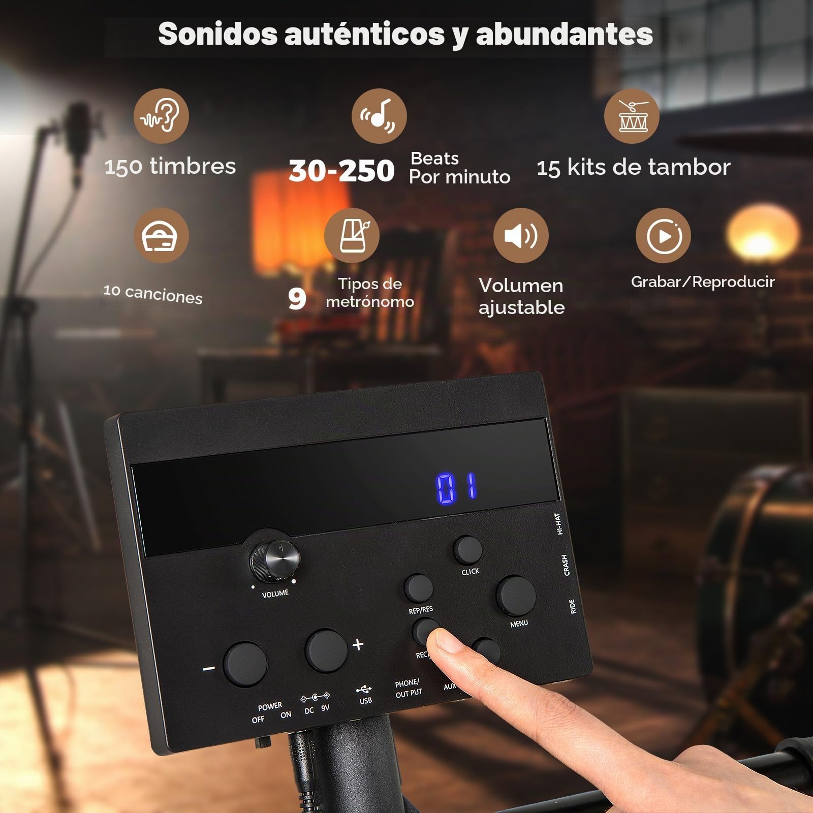 FANTASK Batería electrónica, Juegos de batería E-Drum Plegables con Pads de Malla, 150 Sonidos y 10 Demos, metrónomo y USB Midi, 2 Pedales y 2 Baquetas, Juego de batería electrónico de 7 Piezas para