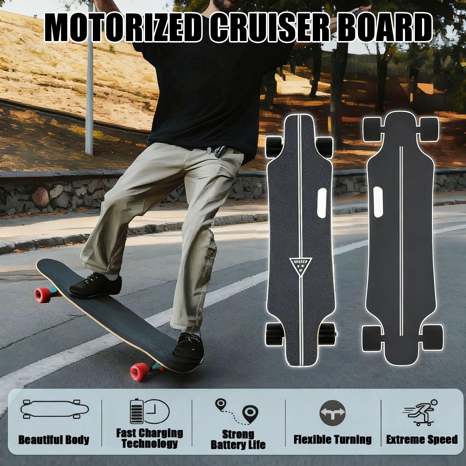 Skateboard électrique avec télécommande, longboard de 350 W pour adultes et débutants, portée de 15 km, vitesse maximale de 25 km/h, design léger, roues tout-terrain en polyuréthane