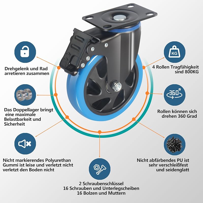 RRIUTO 125mm Forgókerék Fékes Görgő 800kg Teherbírás Bútor Szállítókerék