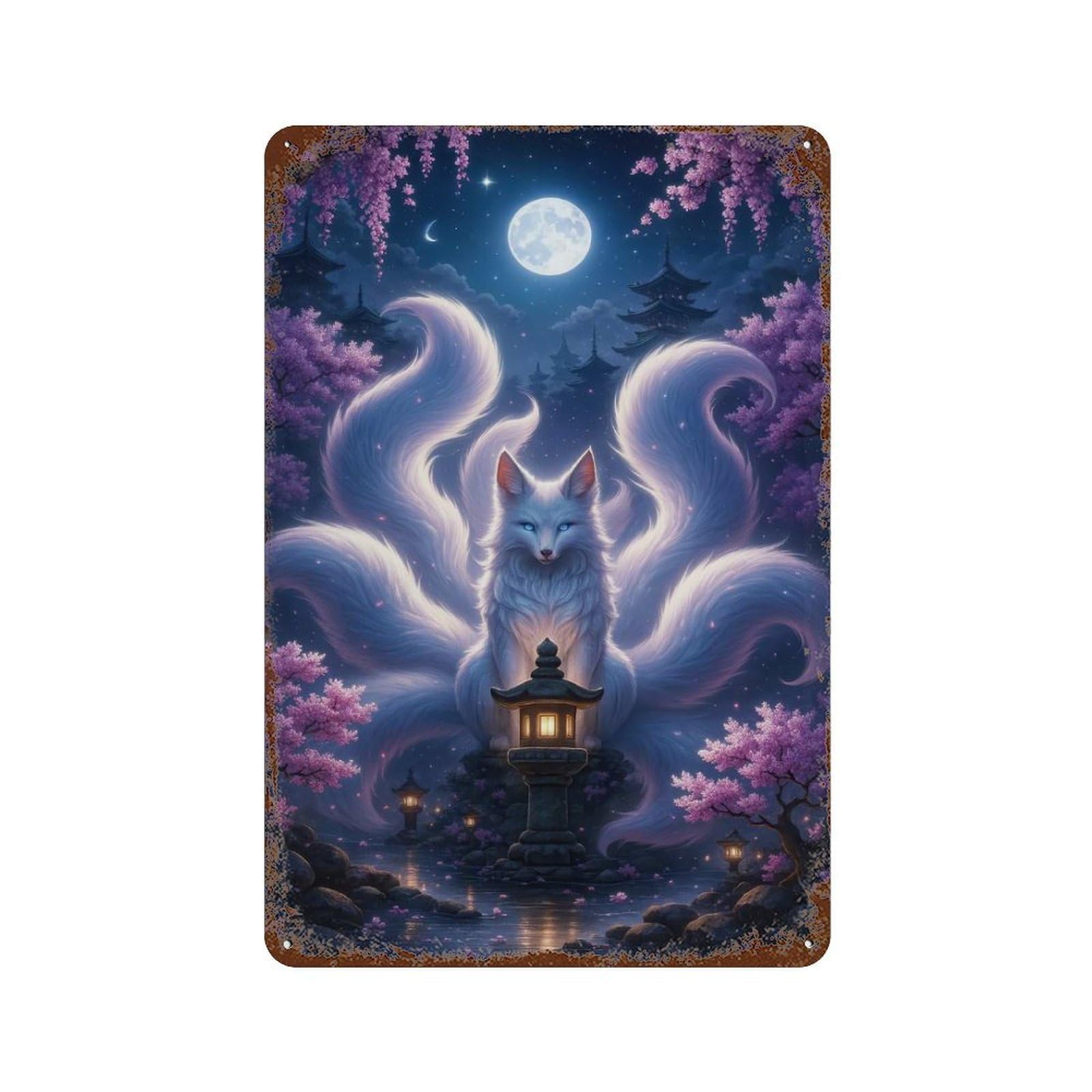 Weathered Tin Sign with Nine-tailed Fox in Moonlight Garden Design 11.8"x7.9", for Office, Studio And Wall Decor, Retro Wall Decor