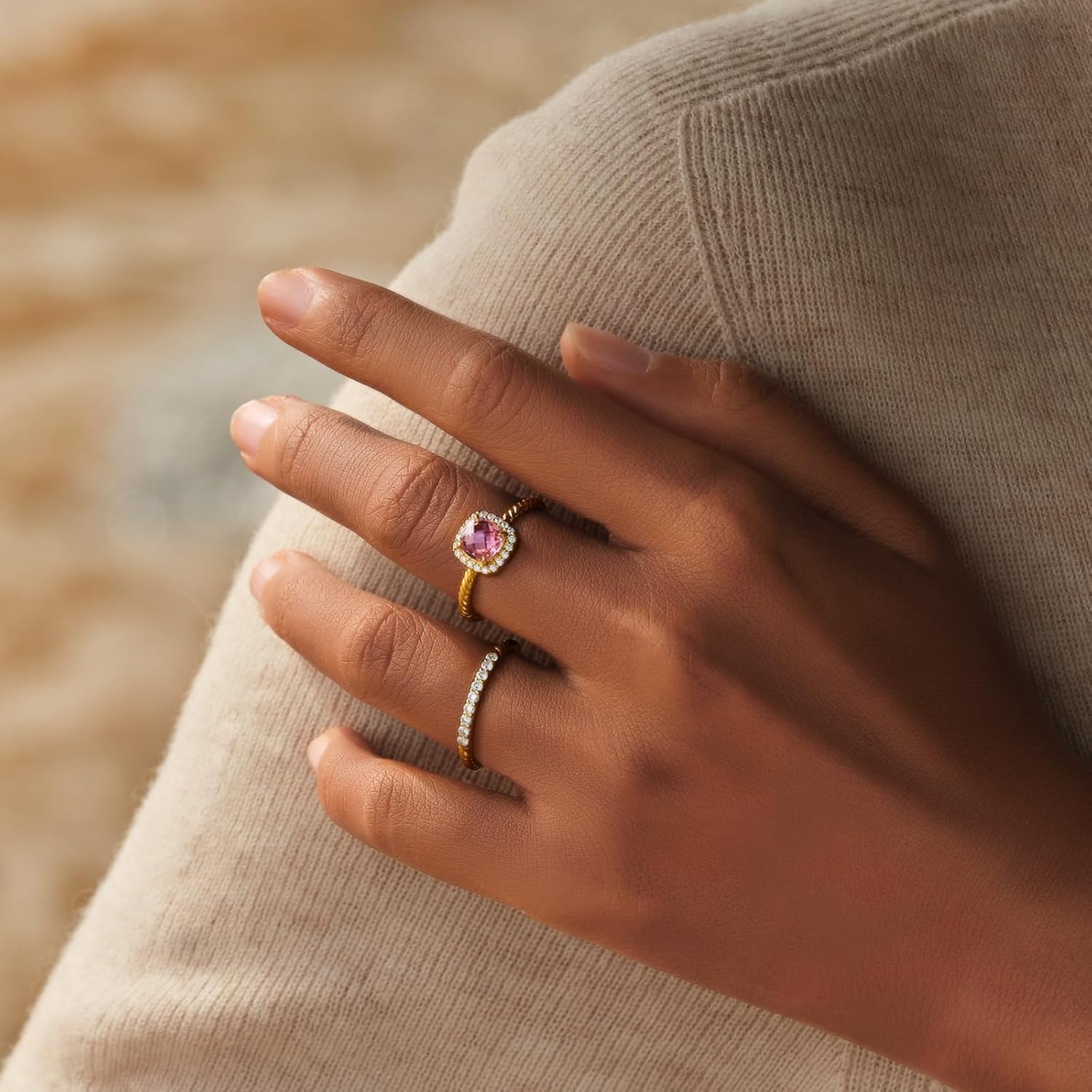 STORYJEWELLERY Pink Stone Ring, Halo Rings, Elongate Cushion Cut Engagement Ring, Cocktail Rings for Women