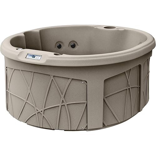 LifeSmart 4-Person Plug & Play Round Hot Tub with Thermal Cover, Sand - Home Outdoor Backyard Spa with 13 Jets and Underwater LED Light
