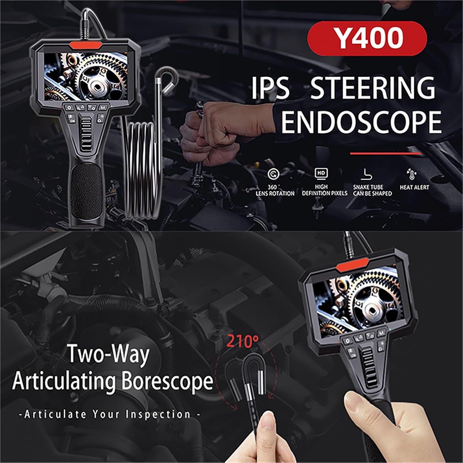 Articulating Borescope with 4.3'' Monitor 1080P 6.2MM HD Steerable Endoscope Camera with Articulated Probe for Engine Inspect(2m,6.2MM 4.3 INCH)