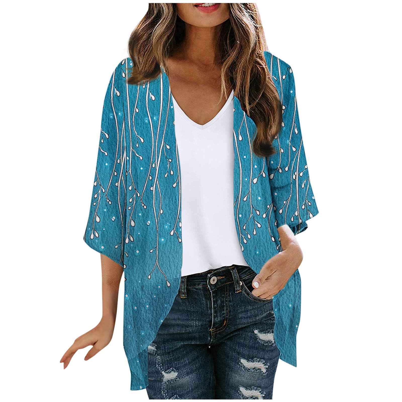 Cardigans for Women Retro Print 3/4 Length Sleeve Cardigan Lightweight Blouse Tops Coat Casual Chiffon Cover Up