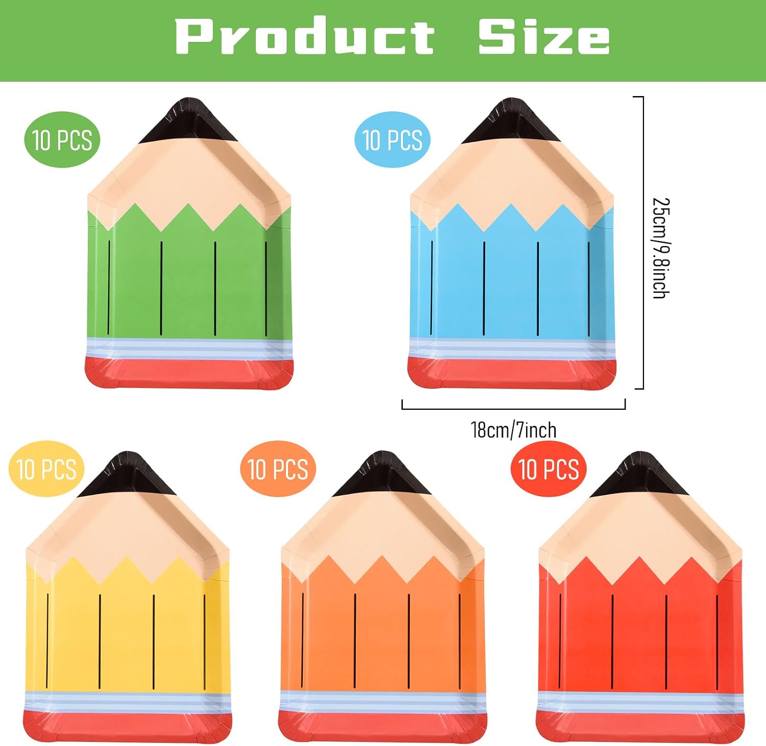 50Pcs Pencil Paper Plates Disposable Pencil Shaped Plates Dinner Dessert Plates for Preschool Kindergarten 100th Day of School Party Supplies Table Decor (Colored, 50) image 2