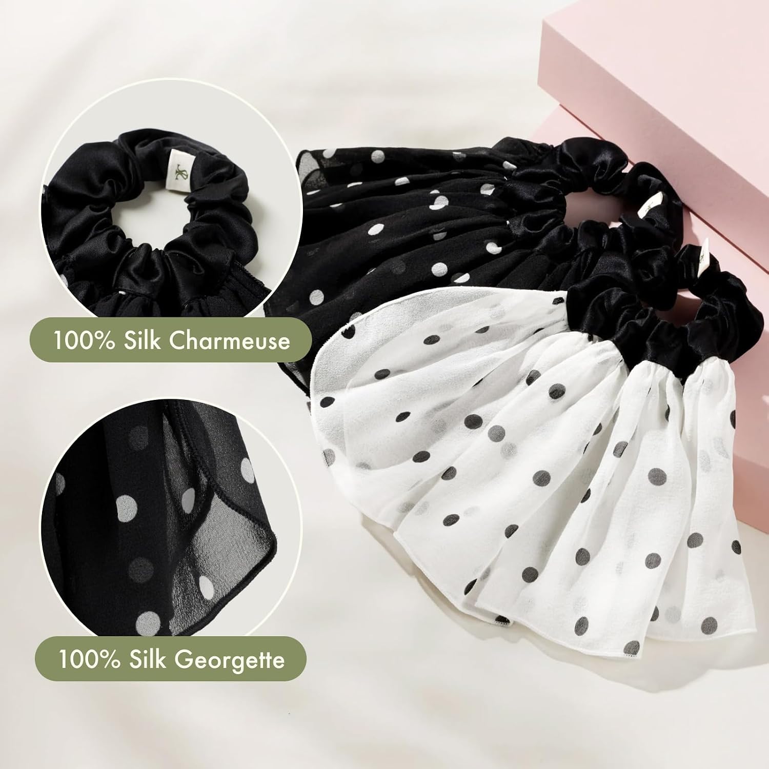 LILYSILK 100% Mulberry Silk Scrunchies For Women Polka Dot Hair Tie Elastics No Damage White Dot