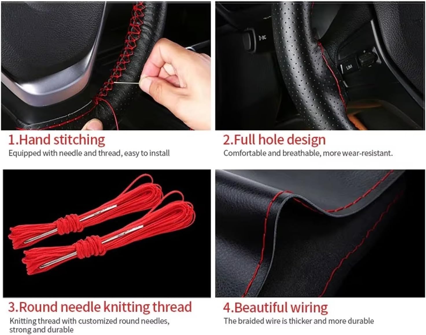 Car Steering Wheel Covers Steering Wheel Cover with Needles and Thread DIY Braid Car for Diameter 37-38cm Wheel Steering Protector(No Hole Red)