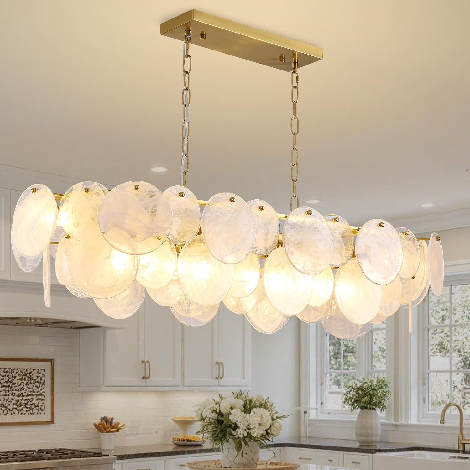 Modern Glass Chandelier, L43.31'' Rectangular Brushed Brass Gold Chandeliers, 12-Light Cloud Pendant Fixture Large Oval Pendant Ceiling Light Fixture for Dining Room, Kitchen Island, E12