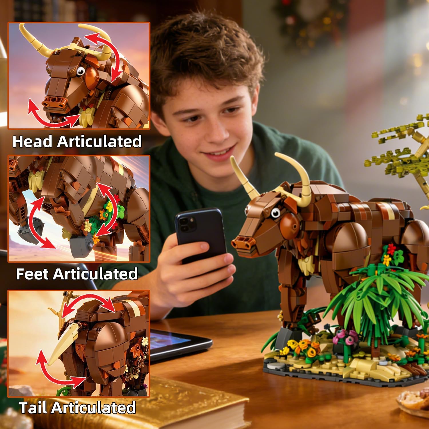 MENTOJOY Bull Building Blocks Set - 1210 Pieces Poseable Animal Cow Model Kit, Premium Construction Toy for Advanced Family Assembly, STEM Educational Puzzle Gift for Kids Adults Ages 6+