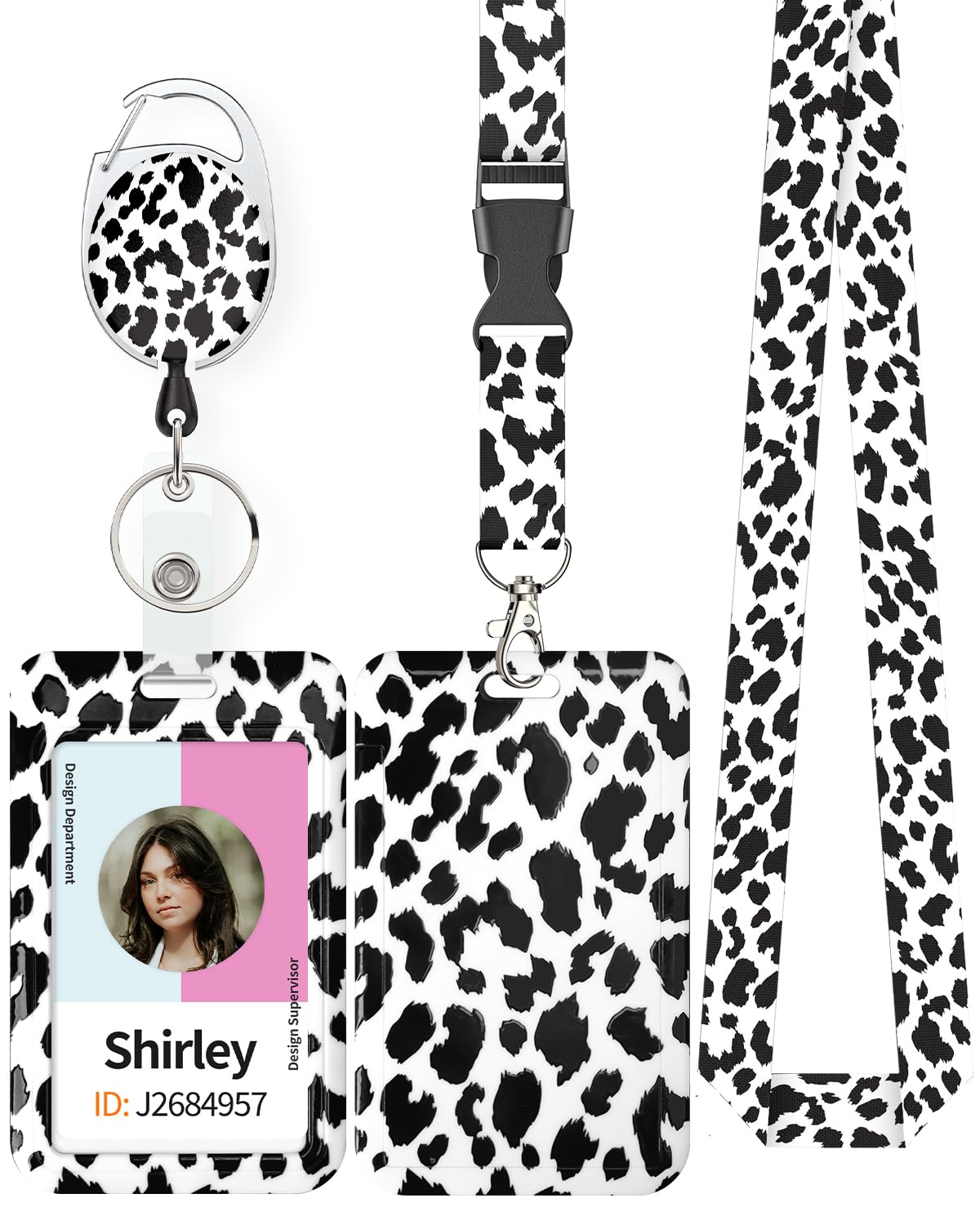 Uniclife Fashionable Sliding ID Badge Holder Snow Leopard Print Plastic Card Holder with Retractable Badge Reel Carabiner Detachable Lanyard Vertical Card Protector for Office Worker Teacher Student