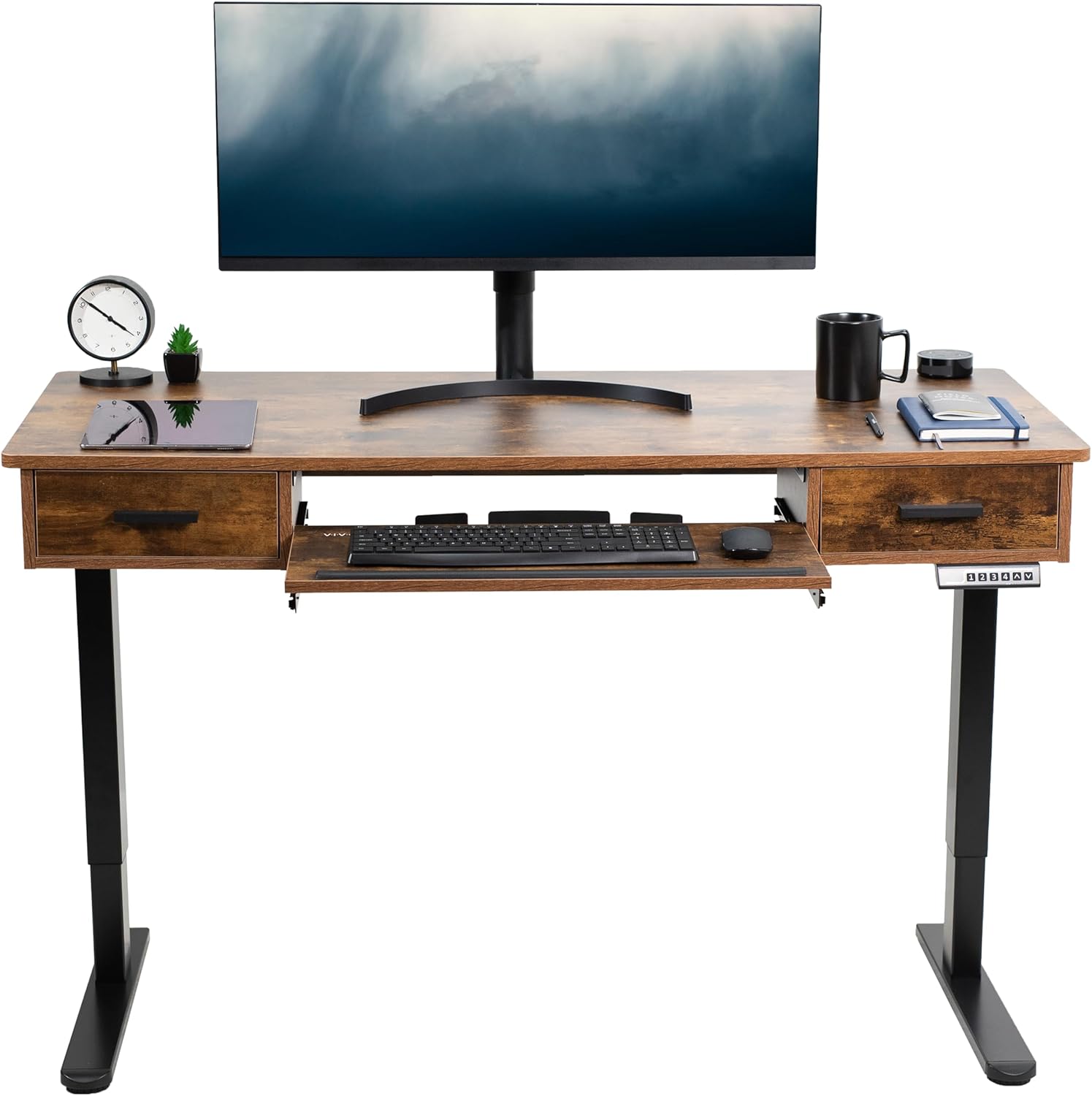 VIVO Electric Height Adjustable 55 x 24 inch Memory Stand Up Desk with Rear-Set Legs, Rustic Vintage Brown Table Top with Built-in Drawers and Keyboard Tray, Black Frame, DESK-KIT-RB5MN
