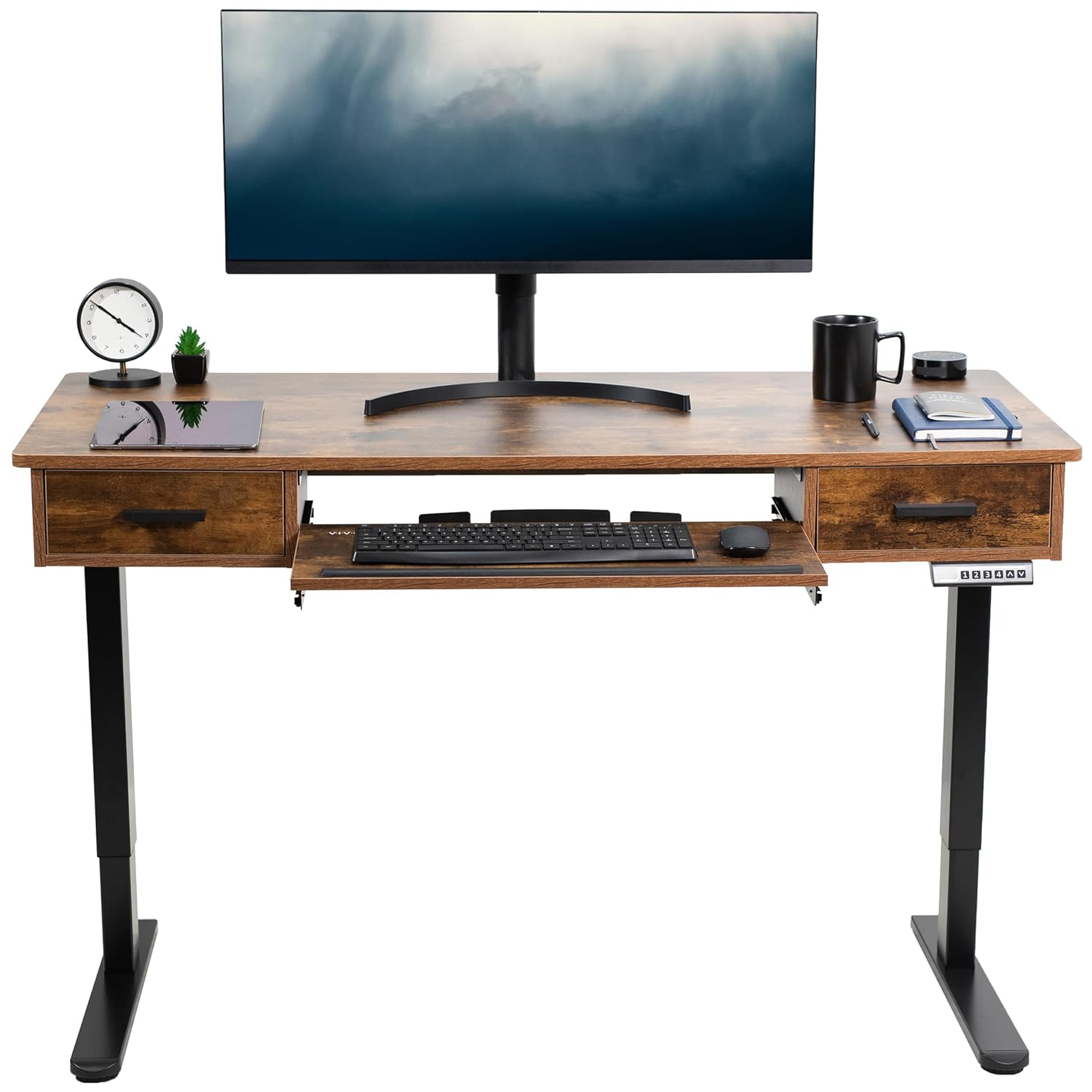 VIVO Electric Height Adjustable 55 x 24 inch Memory Stand Up Desk with Rear-Set Legs Rustic Vintage Brown