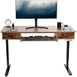 Electric Height Adjustable 55 x 24 inch Memory Stand Up Desk with Rear-Set Legs, Rustic Vintage Brown Table Top with Built-in Drawers and Keyboard Tray, Black Frame, DESK-KIT-RB5MN