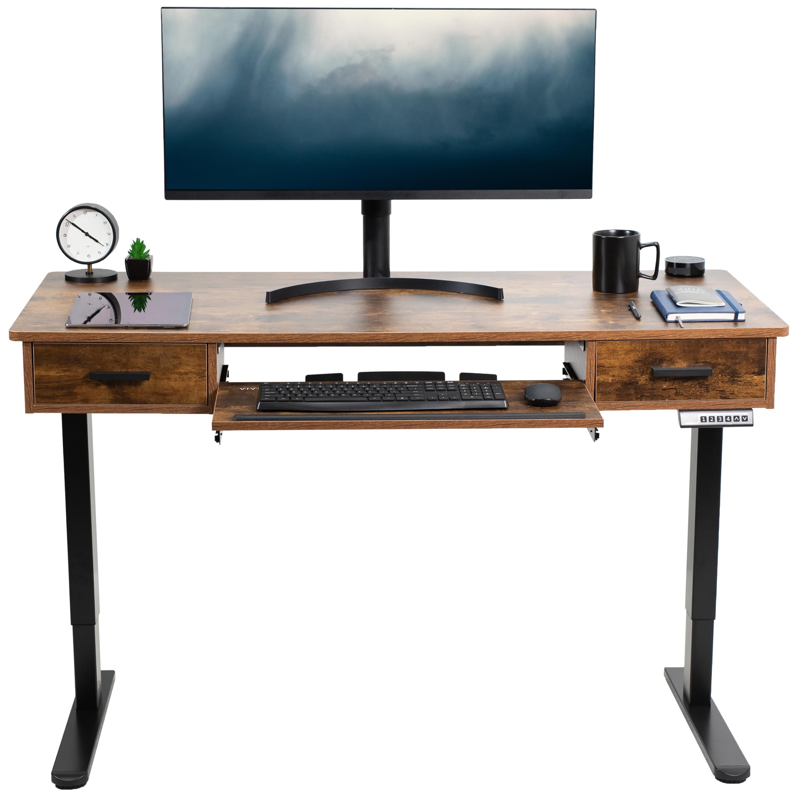 VIVO Electric Height Adjustable 55 x 24 inch Memory Stand Up Desk with Rear-Set Legs Rustic Vintage Brown