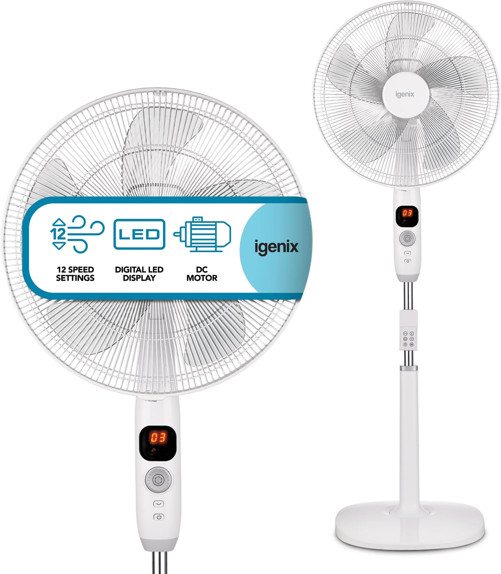 Igenix DF1670 Digital Pedestal Fan โ 12 Speed Settings, Oscillating with Remote, LED Display, Timer & Silent/Natural Modes โ Adjustable Cooling for Home & Office โ White
