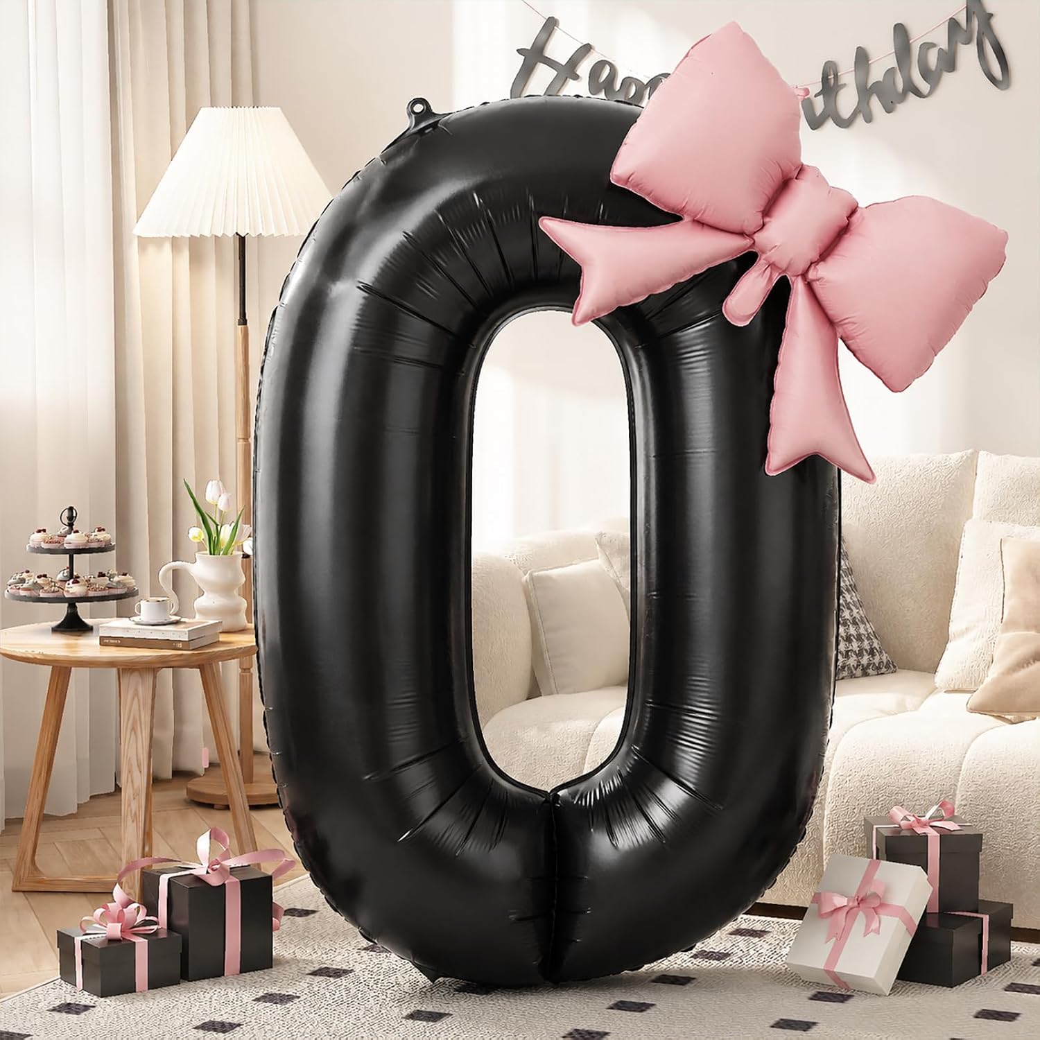40 Inch Black Numbers 0-9 with Pink Bow Balloon for Birthday Decorations